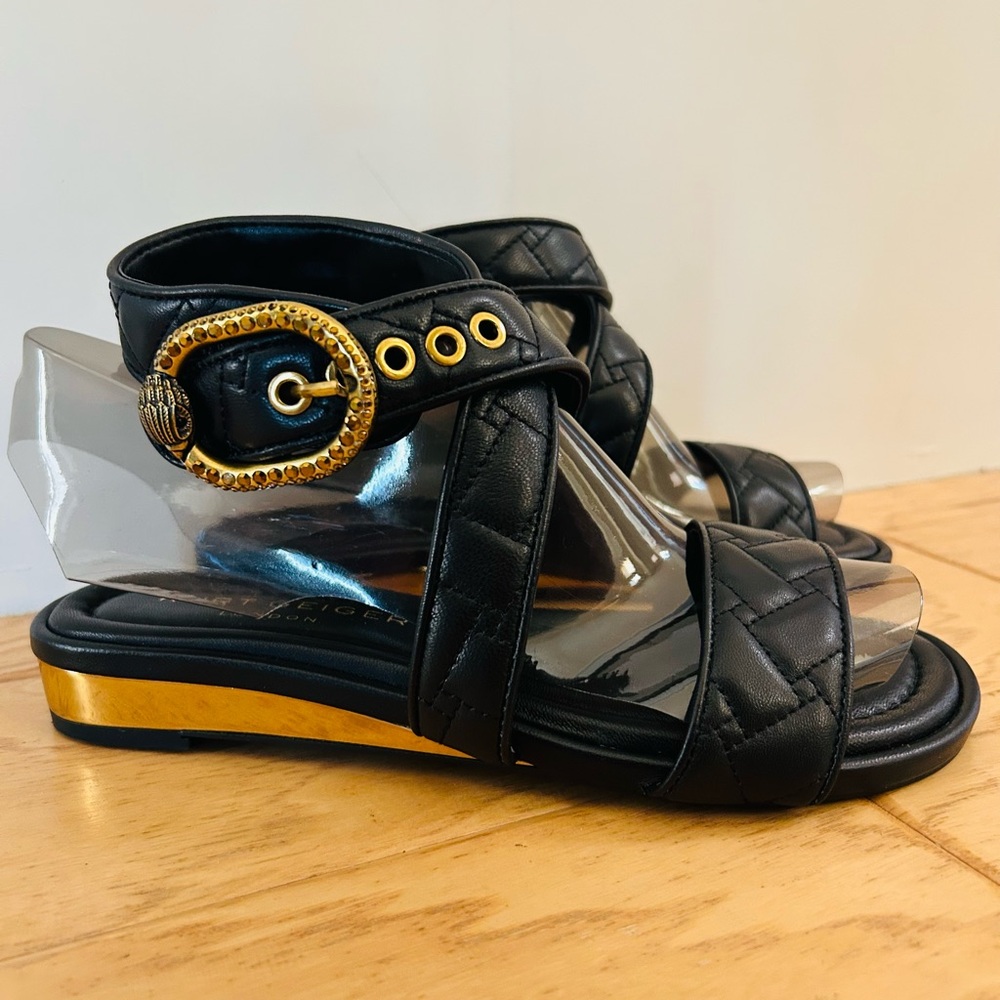 Kurt Geiger London Black Quilted Mayfair Flat Sandal 37 or US 7 Gold Buckle